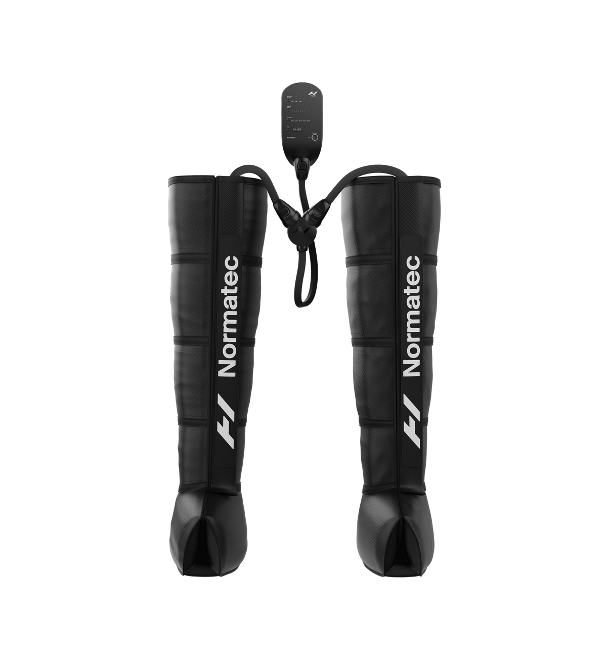 Black Normatec 3 legs compression boots on a transparent background