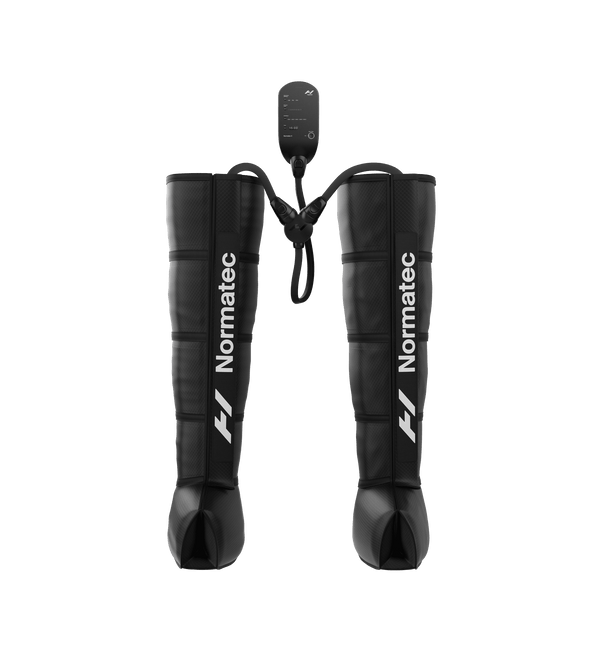 Black Normatec 3 legs compression boots on a transparent background
